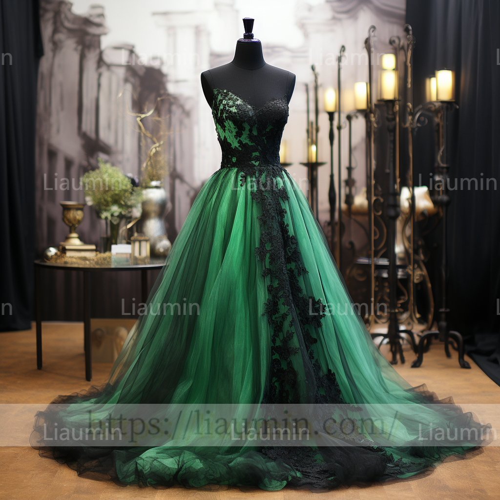 Green Tulle Black Lace Applique Evening Party Prom Formal Occasion Princess Dress B-2.6