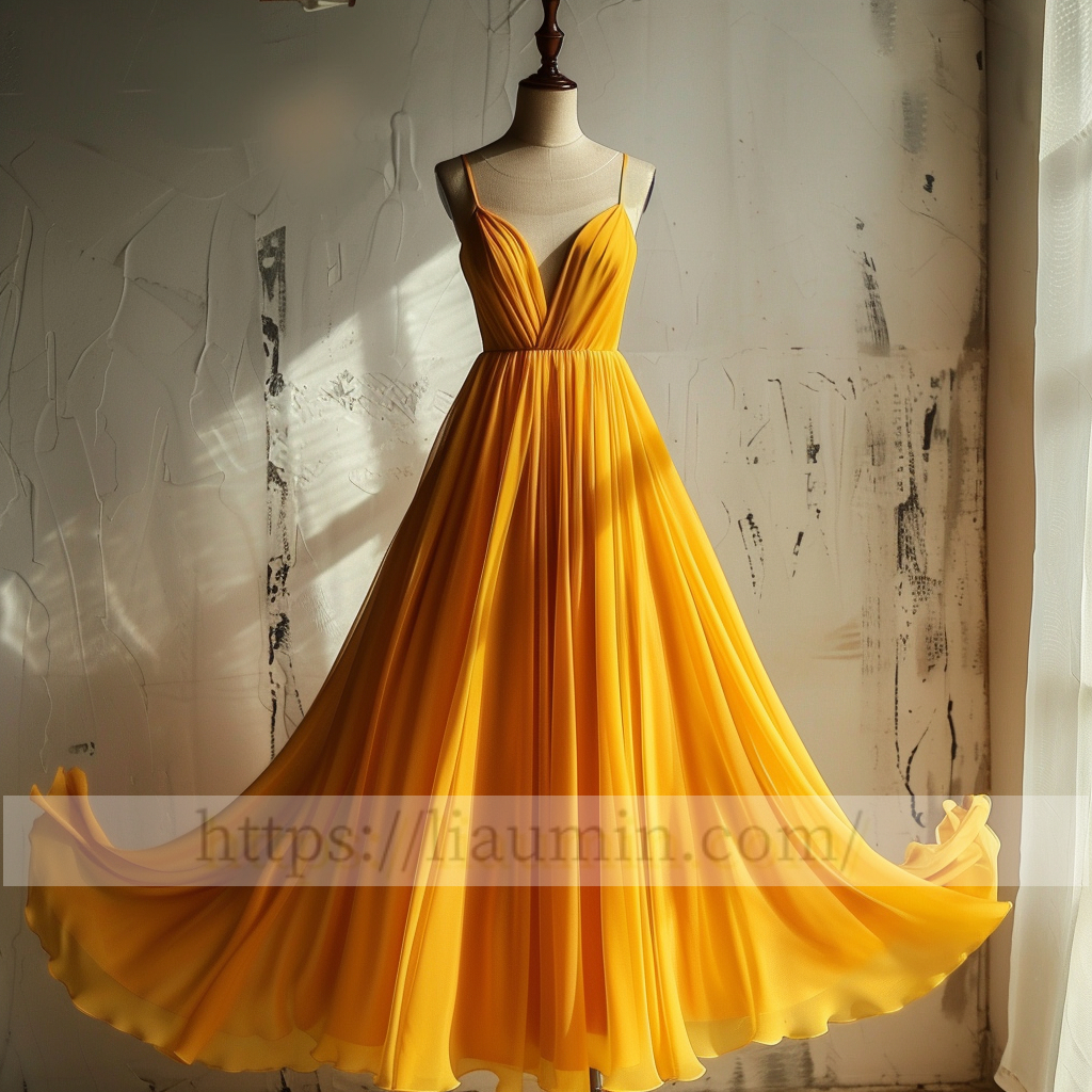 Yellow Full Length Chiffon  V Neck A Line Evening Party Prom Formal Princess Dress W15-2.6