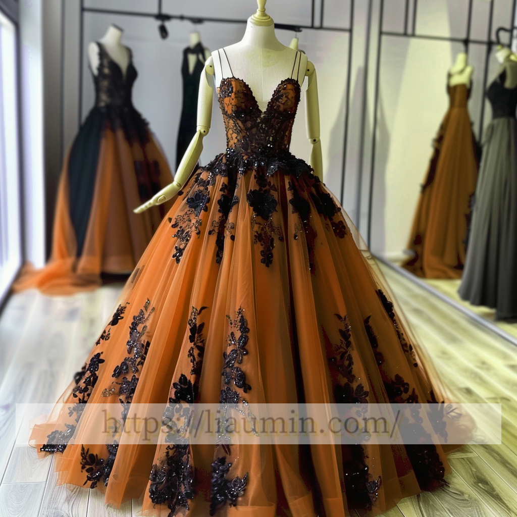 Black Lace Applique Spaghetti Straps V Neck Evening Party Prom Princess Dress  W13-2