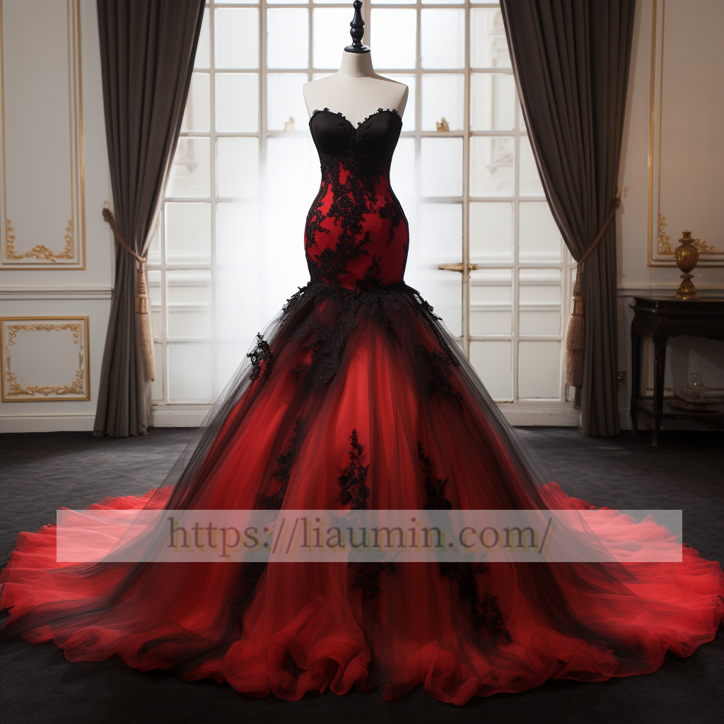 Red Tulle and Black Lace Applique Strapless Full Length Wedding Dress Bridal Gown Prom Princess Dress Custom Size W5-2.73