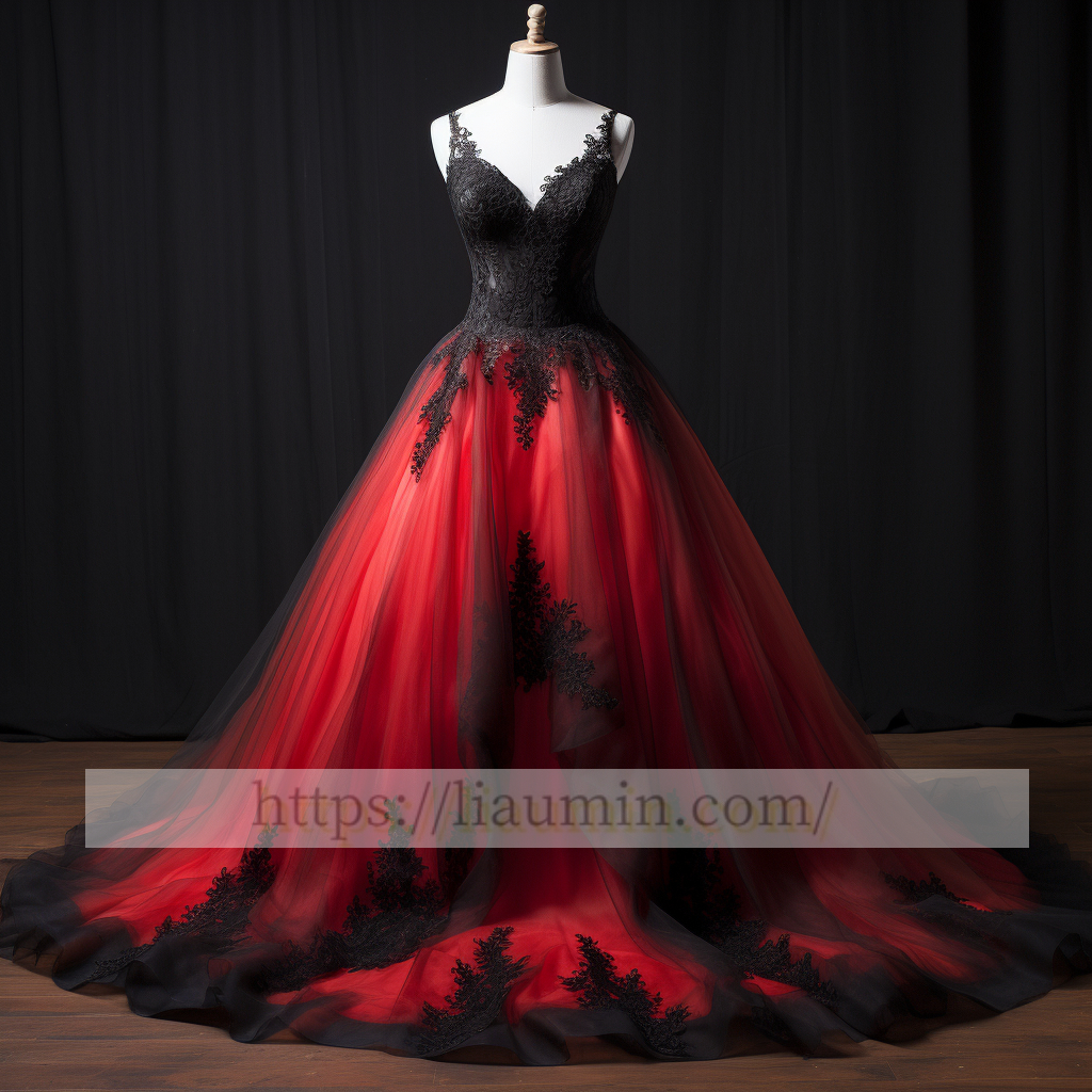 Red Tulle and Black Lace Applique Ball Gown Full Length Wedding Dress Bridal Gown Prom Princess Dress Custom Size W5-2.78