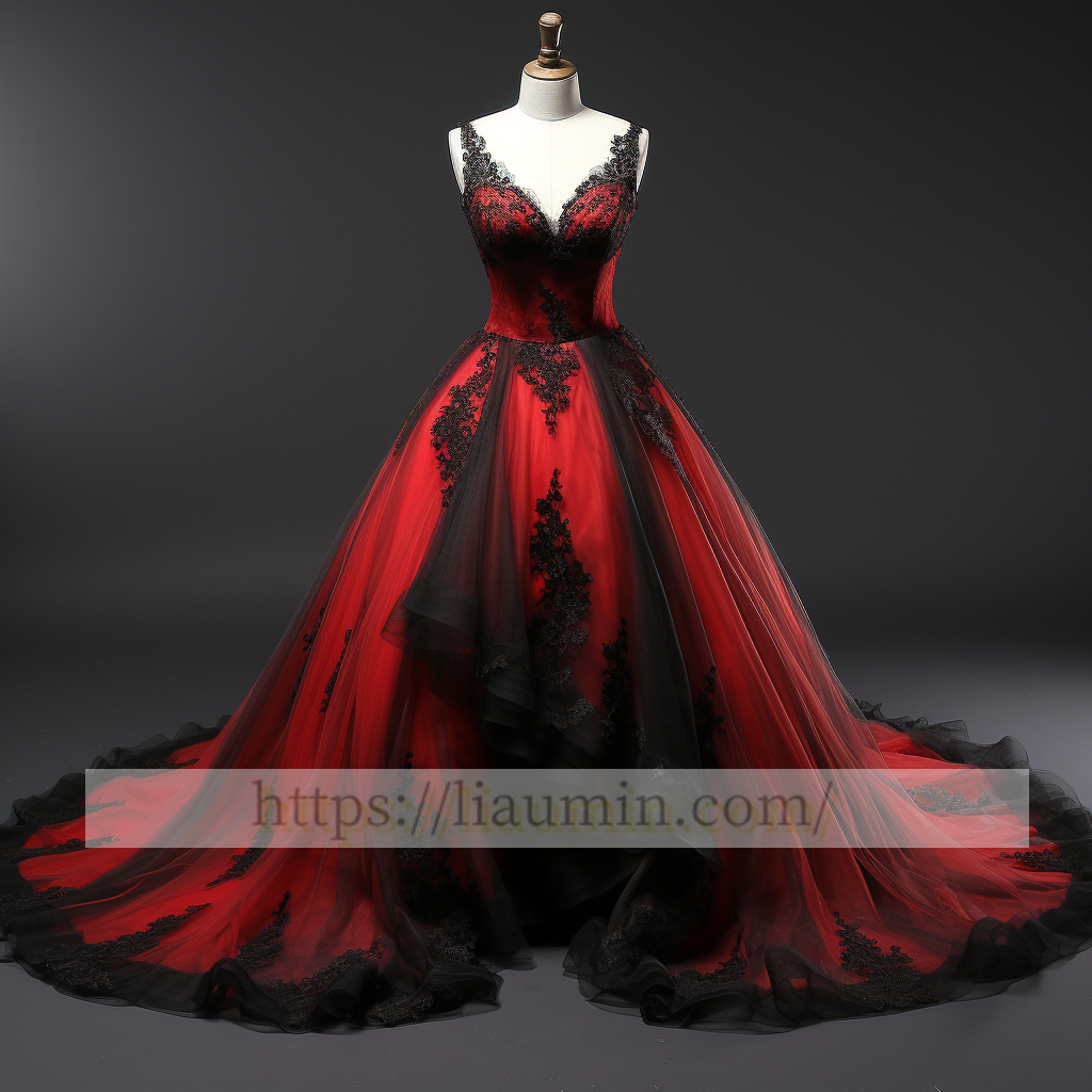 Red Tulle and Black Lace Applique Ball Gown Full Length Wedding Dress Bridal Gown Prom Princess Dress Custom Hand Made W5-2.79