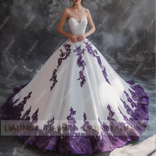 Load image into Gallery viewer, White Tulle Lace Applique Strapless Floor Length Lace-Up Back Wedding Formal Prom Dresses Bridal Gown Customized Made W19-2
