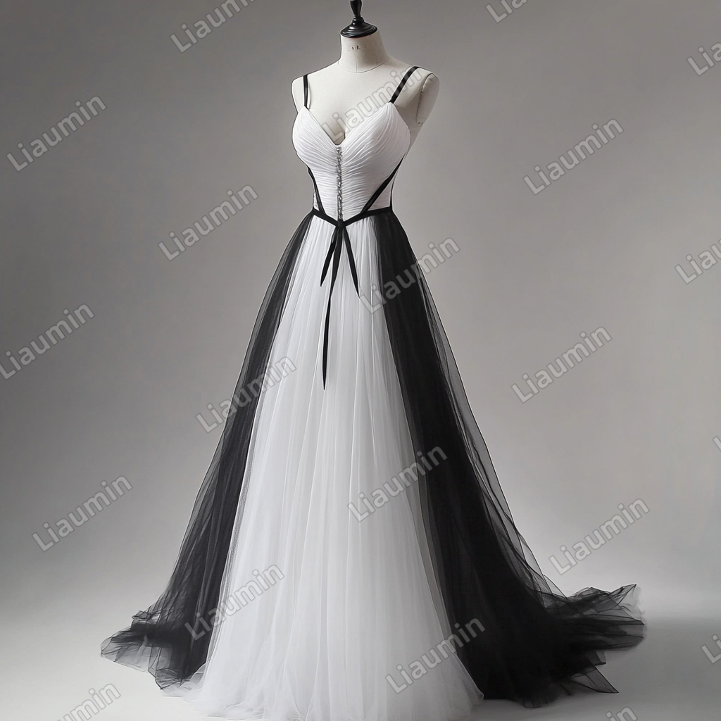 Custom White Black Tulle Strap Wedding Evening Prom Formal Lace Up Back Princess Dress C-2.7