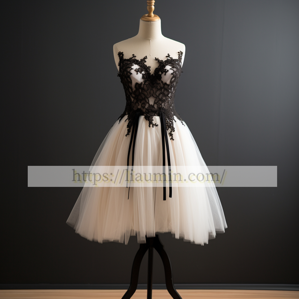 Ivory Tulle and Black Lace Applique Short Evening Party Prom Princess Dress  W5-2.7