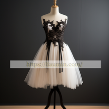 Load image into Gallery viewer, Ivory Tulle and Black Lace Applique Short Evening Party Prom Princess Dress  W5-2.7
