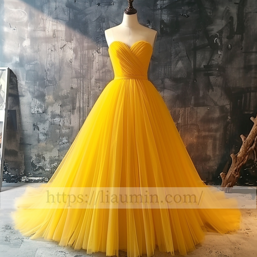 Yellow Full Length Chiffon Strapless A Line Evening Party Prom Formal Princess Dress W15-2.7
