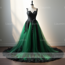 Load image into Gallery viewer, Green Tulle Black Lace Applique A Line Lace Up Back Evening Party Prom Formal Occasion Princess Dress B-2.7
