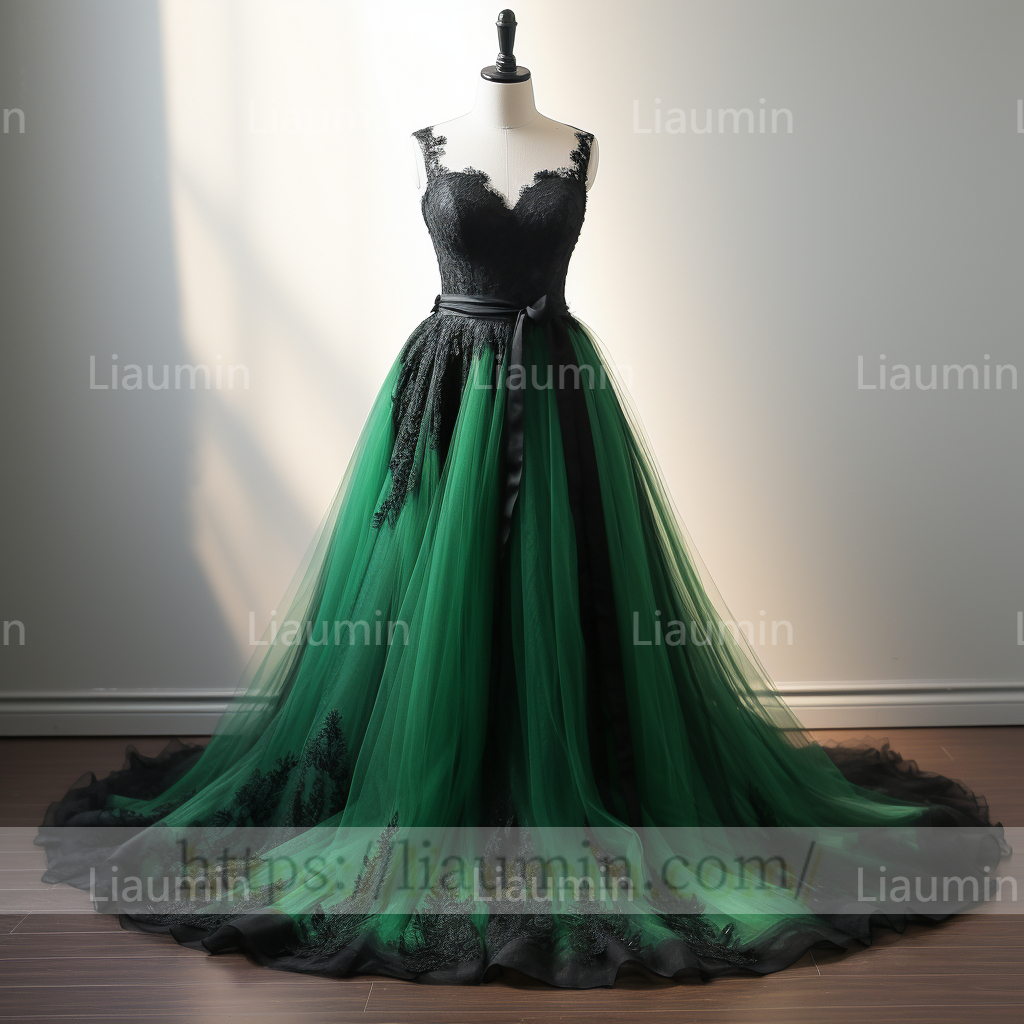 Green Tulle Black Lace Applique A Line Lace Up Back Evening Party Prom Formal Occasion Princess Dress B-2.7