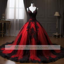 Load image into Gallery viewer, Red Tulle and Black Lace Applique Ball Gown V Neck Full Length Wedding Dress Bridal Gown Prom Princess Dress Custom Hand Made W5-2.84
