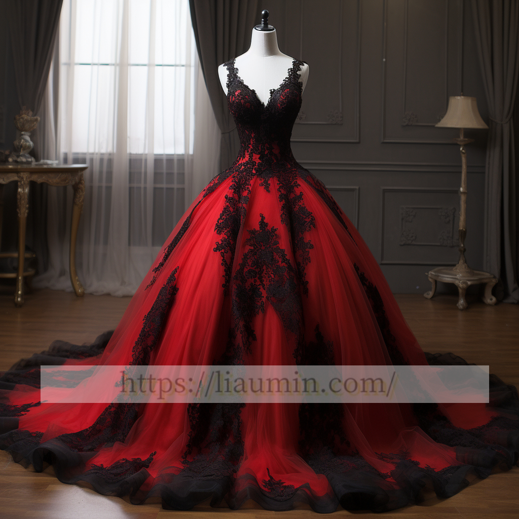 Red Tulle and Black Lace Applique Ball Gown V Neck Full Length Wedding Dress Bridal Gown Prom Princess Dress Custom Hand Made W5-2.84