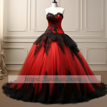 Load image into Gallery viewer, Red Tulle and Black Lace Applique Strapless Ball Gown Full Length Wedding Dress Bridal Gown Prom Princess Dress Custom Hand Made W5-2.85
