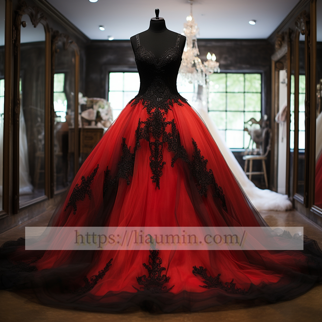 Red Tulle and Black Lace Applique Ball Gown Full Length Wedding Dress Bridal Gown Prom Princess Dress Custom Hand Made W5-2.86