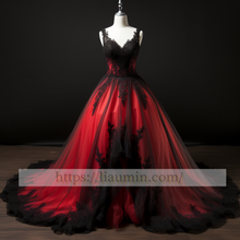 Load image into Gallery viewer, Red Tulle and Black Lace Applique Floor Length Wedding Dress Bridal Gown Prom Princess Dress Custom Hand Made W5-2.87
