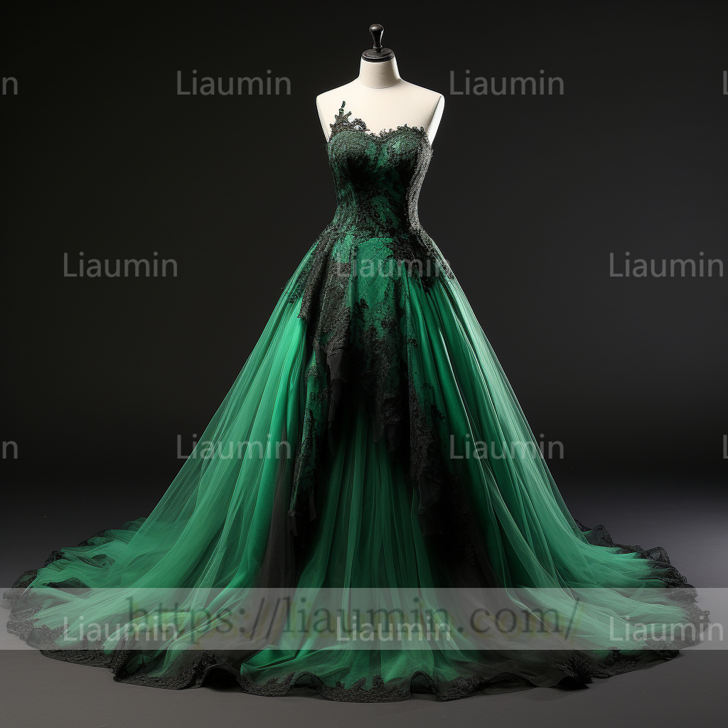 Green Tulle Black Lace Applique Evening Party Prom Formal Occasion Princess Dress B-2.8