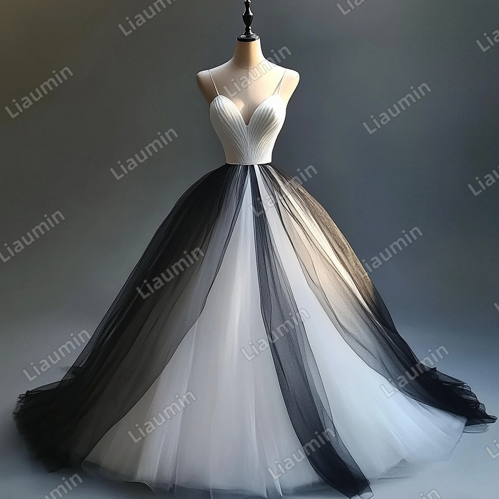 Custom White Black Tulle Strap Wedding Evening Prom Formal Lace Up Back Princess Dress C-2.8