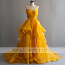 Load image into Gallery viewer, Yellow Full Length Strapless A Line Evening Party Prom Formal Princess Dress W15-2.8
