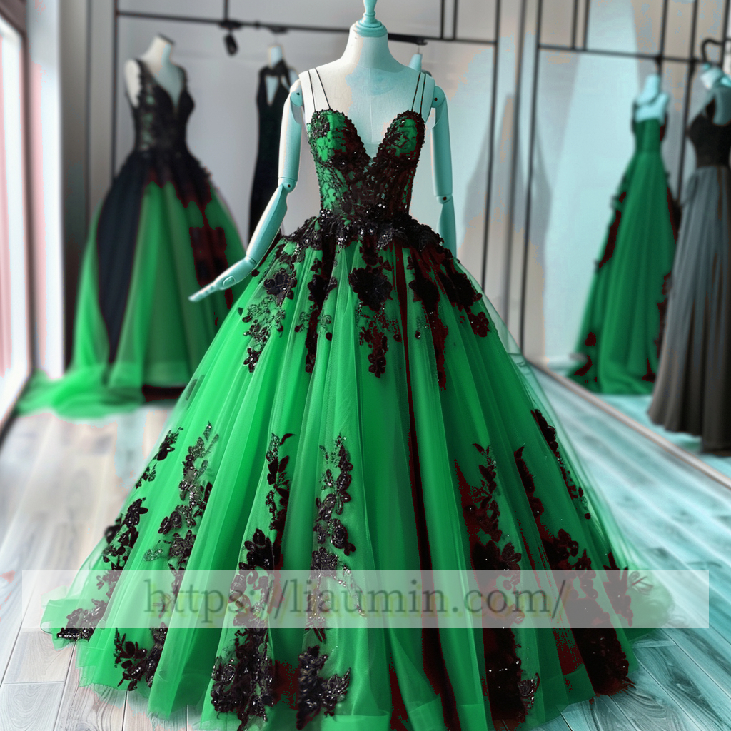 Black Lace Applique Spaghetti Straps V Neck Evening Party Prom Princess Dress  W13-2