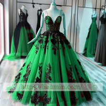 Load image into Gallery viewer, Black Lace Applique Spaghetti Straps V Neck Evening Party Prom Princess Dress  W13-2
