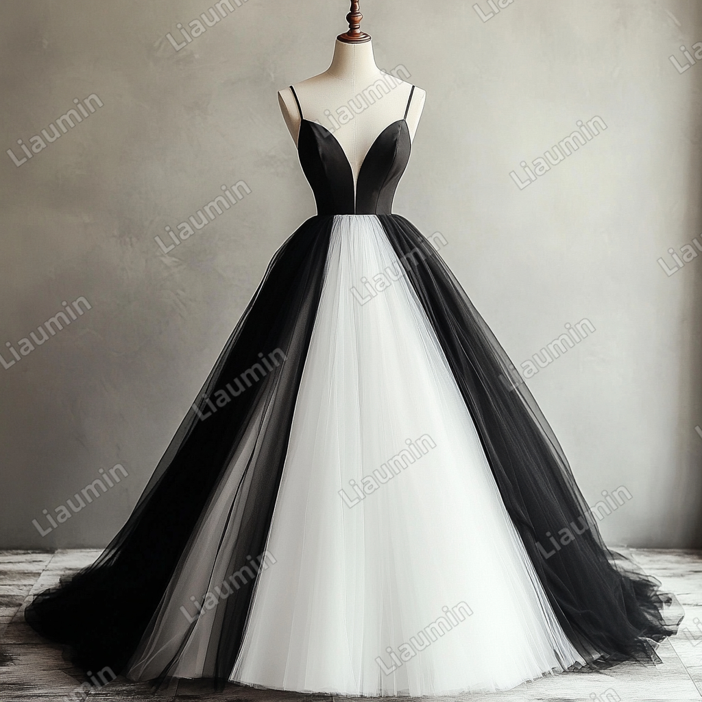 Custom White Black Tulle Strap Wedding Evening Prom Formal Lace Up Back Princess Dress C-2.9