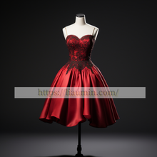 Load image into Gallery viewer, Red Satin and Black Lace Applique Strapless Short Evening Party Prom Princess Homecoming Dress W5-2.9
