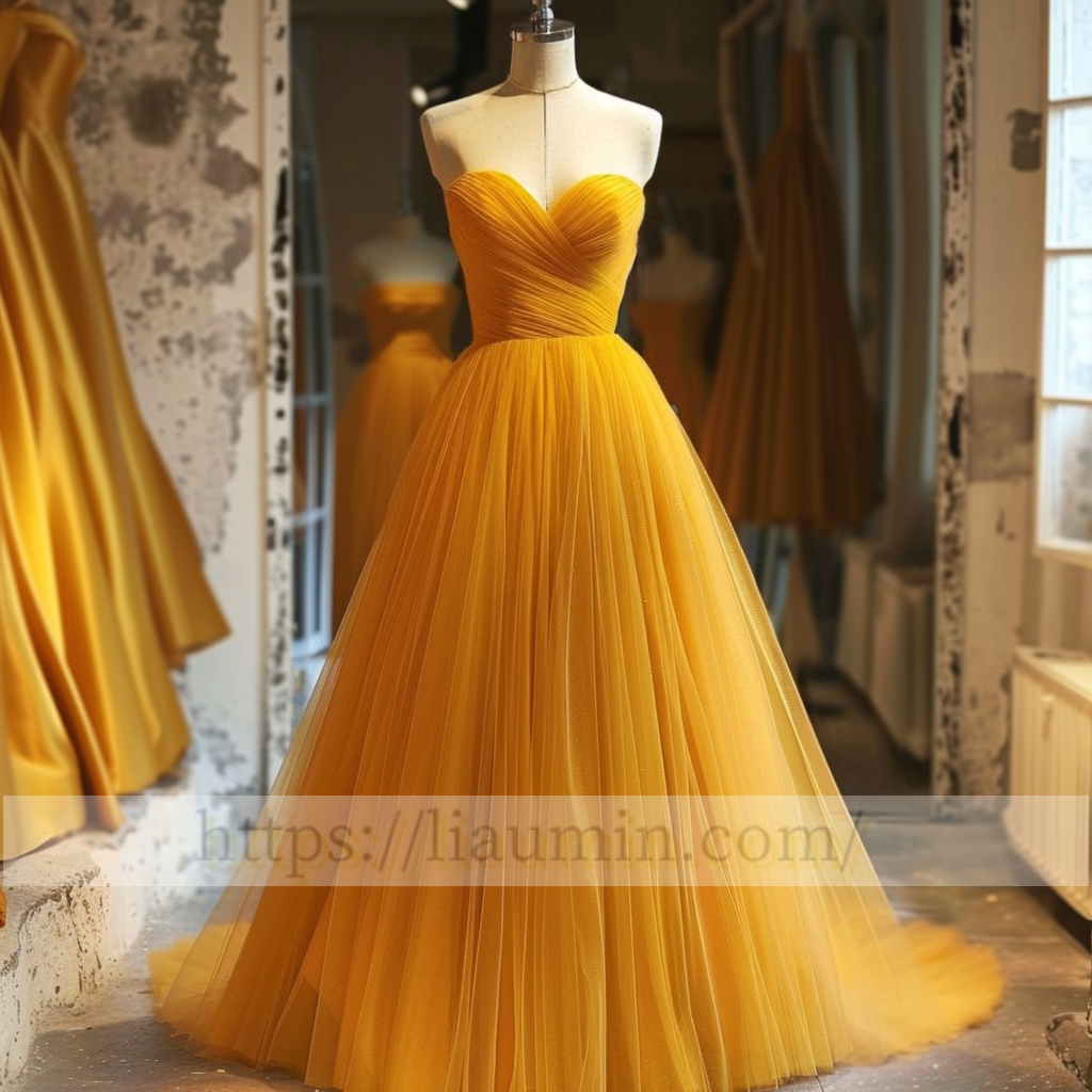 Yellow Full Length Strapless A Line Evening Party Prom Formal Princess Dress W15-2.9