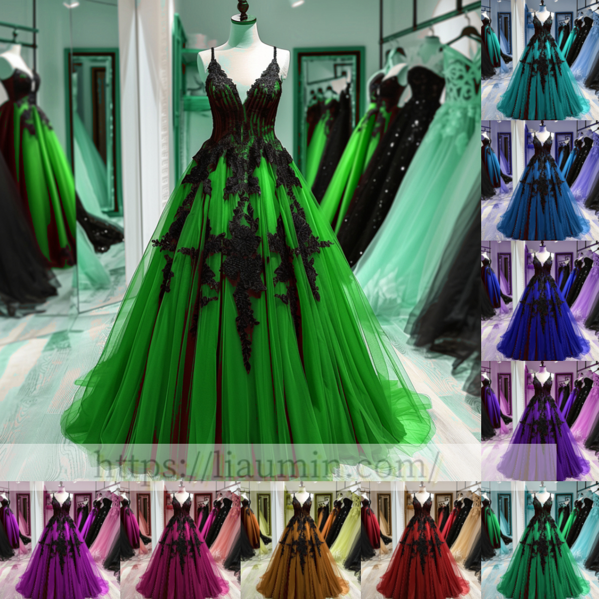 Black Lace Applique Spaghetti Straps V Neck Evening Party Prom Princess Dress  W13-3