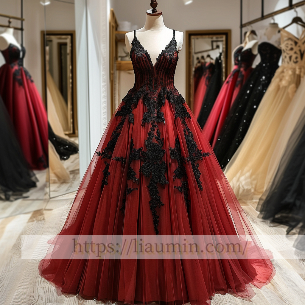 Black Lace Applique Spaghetti Straps V Neck Evening Party Prom Princess Dress  W13-3