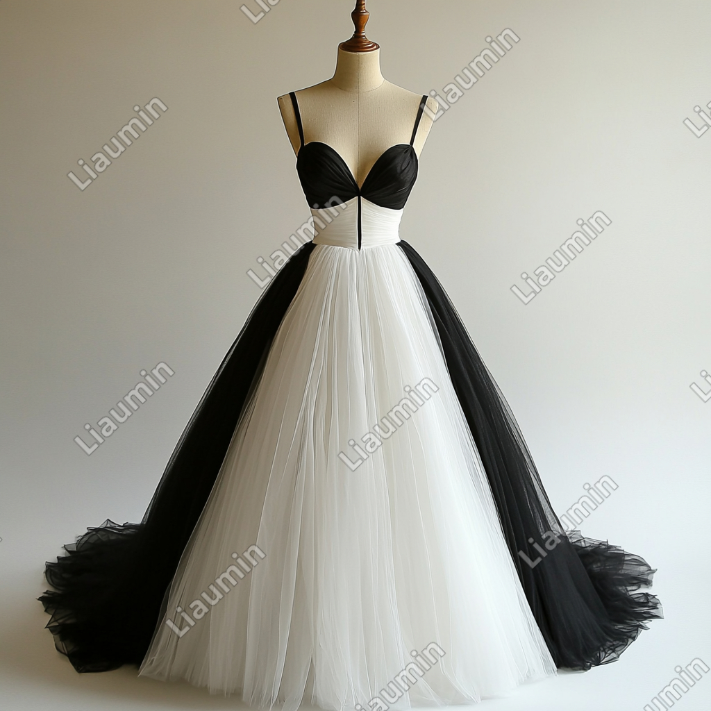 Custom White Black Tulle Strap Wedding Evening Prom Formal Lace Up Back Princess Dress C-3.10