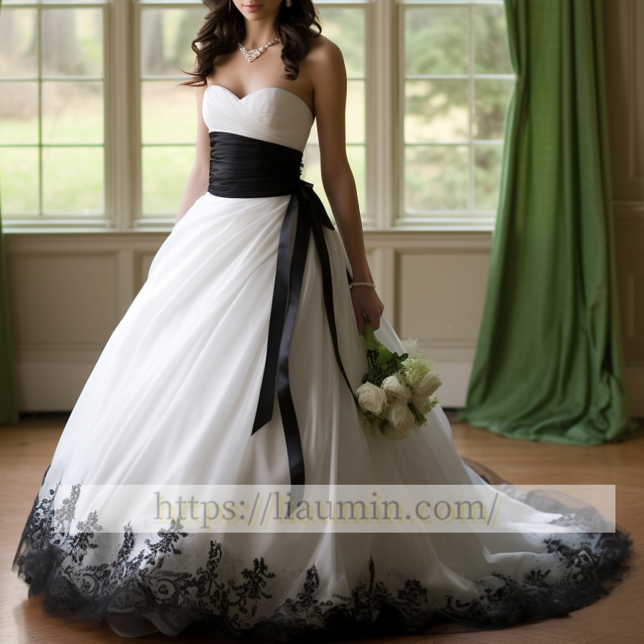 White And Black Applique Tulle Strapless Lace Up Back Wedding Dress Bridal Gown Princess Dress W5-3.11