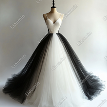 Load image into Gallery viewer, Custom White Black Tulle Strap Wedding Evening Prom Formal Lace Up Back Princess Dress C-3.11
