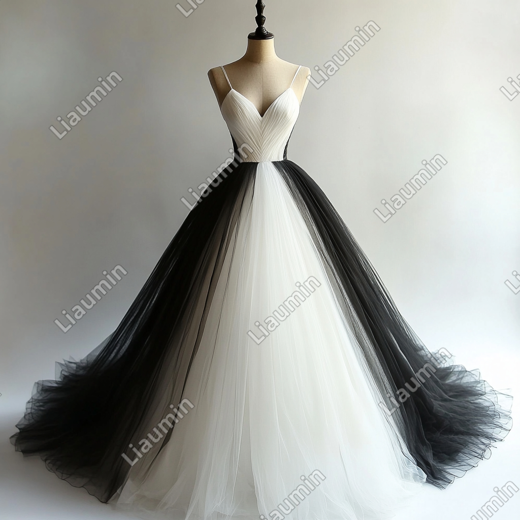 Custom White Black Tulle Strap Wedding Evening Prom Formal Lace Up Back Princess Dress C-3.11