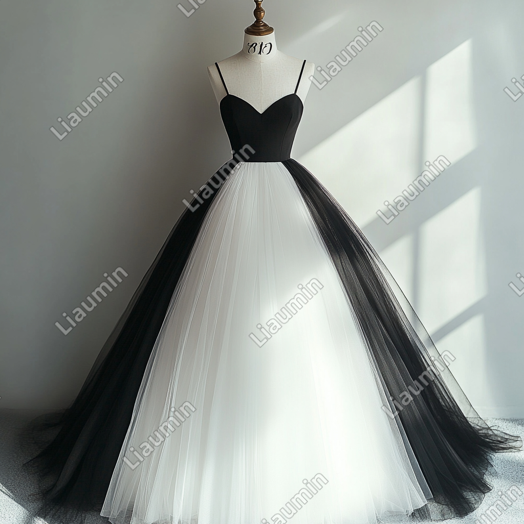 CustomNew White Black Tulle Strap Wedding Evening Prom Formal Lace Up Back Princess Dress C-3.12