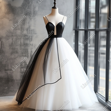 Load image into Gallery viewer, Custom New White Black Tulle Strap Wedding Evening Prom Formal Lace Up Back Princess Dress C-3.13
