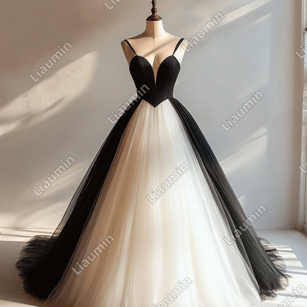 New White Black Tulle Strap Wedding Evening Prom Formal Lace Up Back Princess Dress C-3.14