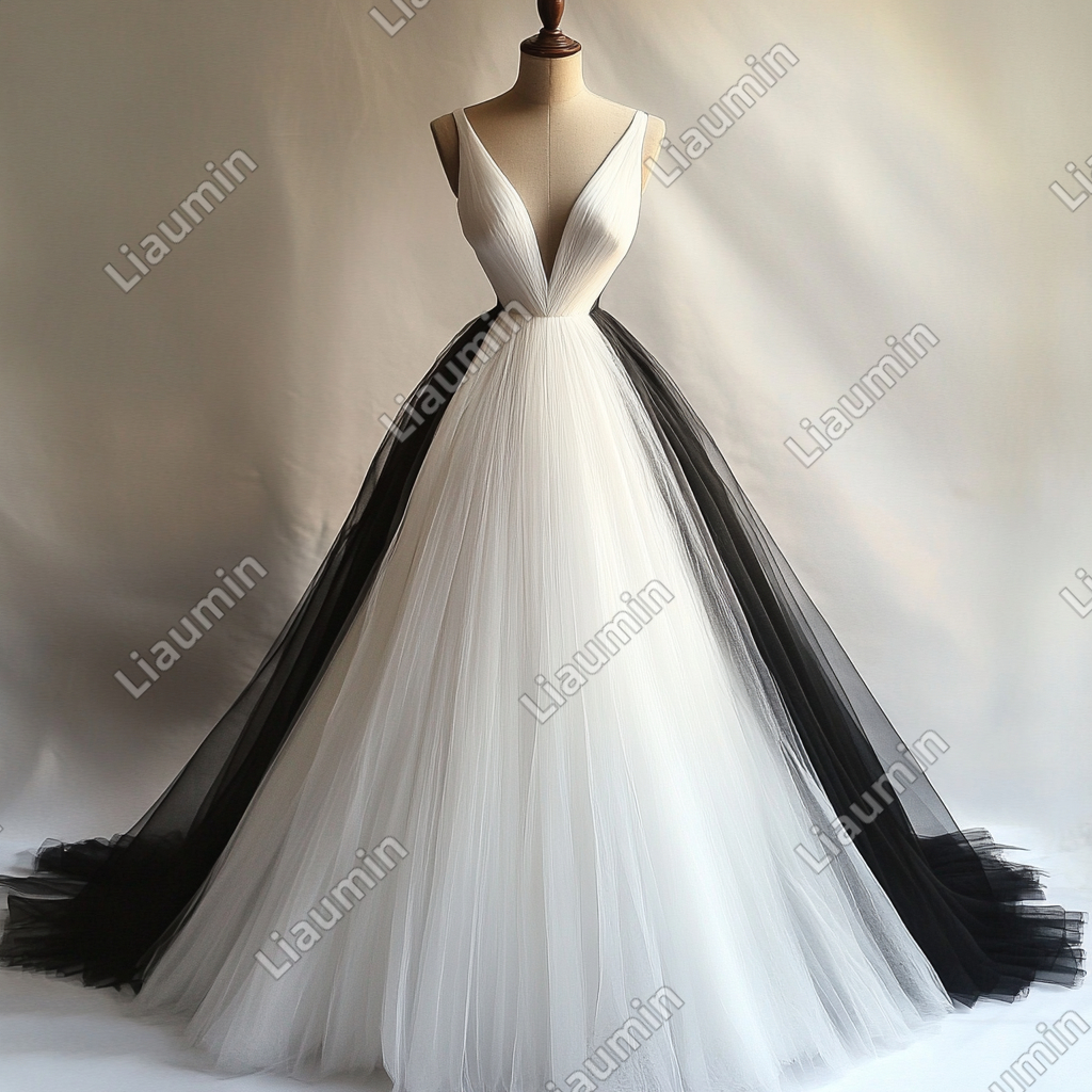 New Simple White And Black Tulle Strap Wedding Evening Prom Formal Lace Up Back Princess Dress C-3.19