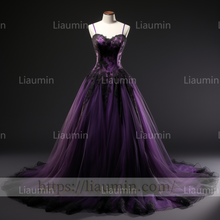 Load image into Gallery viewer, Custom Purple Tulle Black Lace Applique A Line Lace Up Back Evening Party Prom Formal Occasion Princess Dress B-3.1
