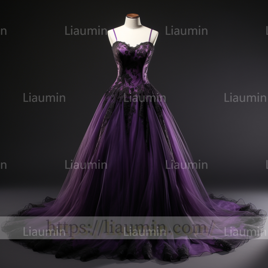 Custom Purple Tulle Black Lace Applique A Line Lace Up Back Evening Party Prom Formal Occasion Princess Dress B-3.1