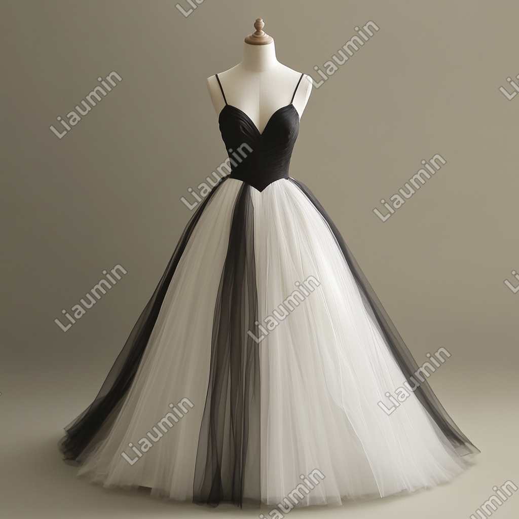 Custom Made Classic White Black Tulle Strap Wedding Evening Prom Formal Lace Up Back Princess Dress C-3.1