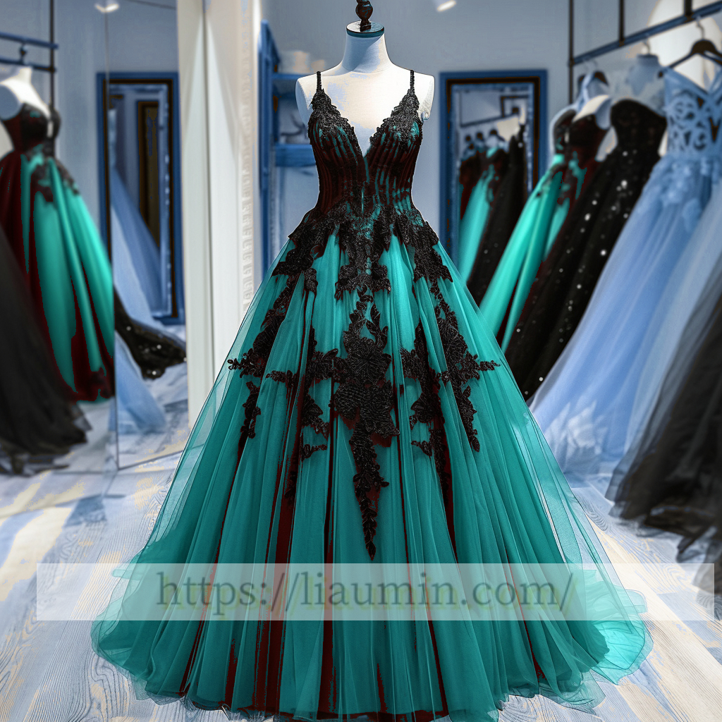 Black Lace Applique Spaghetti Straps V Neck Evening Party Prom Princess Dress  W13-3