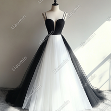 Load image into Gallery viewer, New Simple White And Black Tulle Strap Wedding Evening Prom Formal Lace Up Back Princess Dress C-3.20
