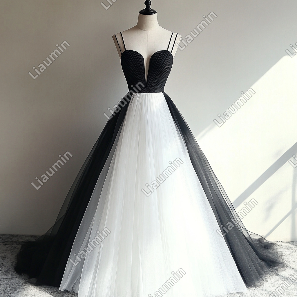 New Simple White And Black Tulle Strap Wedding Evening Prom Formal Lace Up Back Princess Dress C-3.20