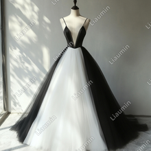 Load image into Gallery viewer, New Simple White And Black Tulle Strap V Neck Wedding Evening Prom Formal Lace Up Back Princess Dress C-3.21
