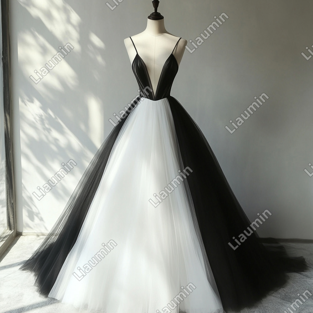 New Simple White And Black Tulle Strap V Neck Wedding Evening Prom Formal Lace Up Back Princess Dress C-3.21