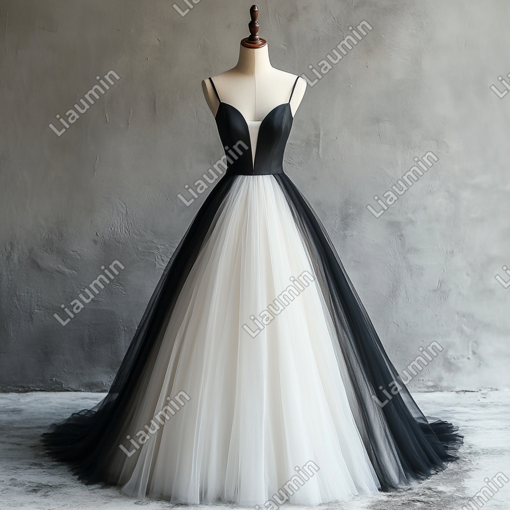 New Simple Ivory And Black Tulle Strap V Neck Wedding Evening Prom Formal Lace Up Back Princess Dress C-3.22