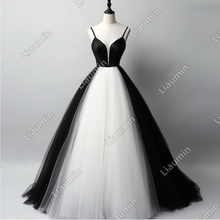 Load image into Gallery viewer, New Simple White And Black Tulle Strap Wedding Evening Prom Formal Lace Up Back Princess Dress C-3.23
