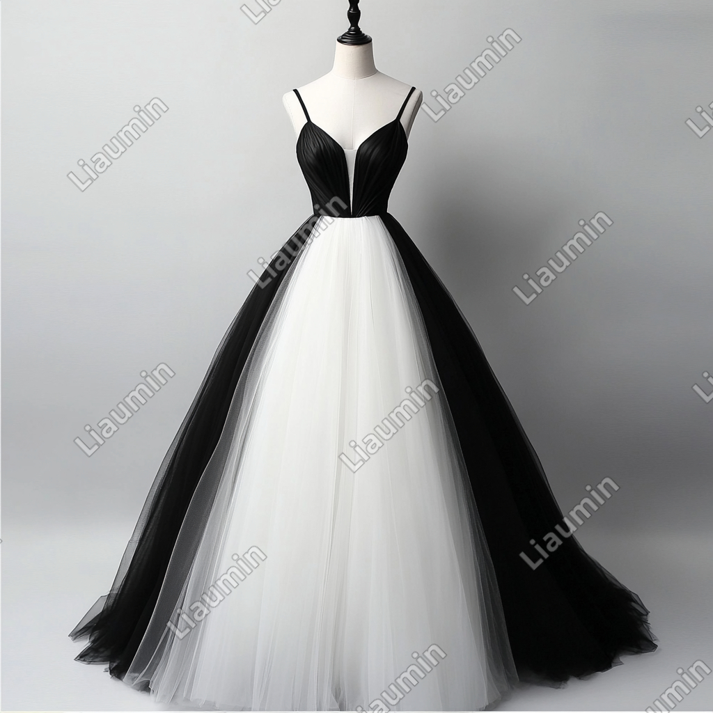 New Simple White And Black Tulle Strap Wedding Evening Prom Formal Lace Up Back Princess Dress C-3.23