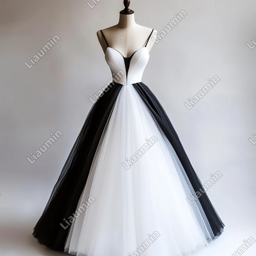 Han Made Simple White And Black Tulle Strap Wedding Evening Prom Formal Lace Up Back Princess Dress C-3.24