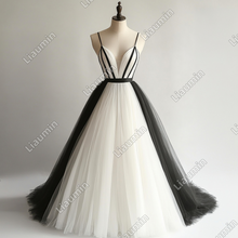 Load image into Gallery viewer, Hand Made Simple Ivory And Black Tulle Strap Wedding Evening Prom Formal Lace Up Back Princess Dress C-3.25
