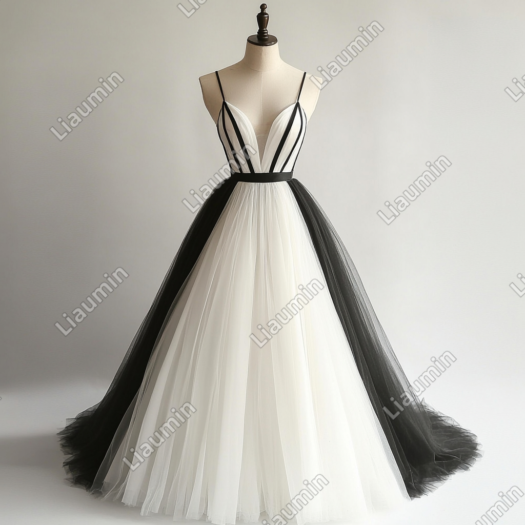 Hand Made Simple Ivory And Black Tulle Strap Wedding Evening Prom Formal Lace Up Back Princess Dress C-3.25